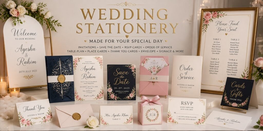 Printing Kettering provides wedding stationery printing in Kettering for couples, families, wedding planners and venues preparing for weddings of all sizes. We can produce stationery for the complete wedding journey, from the first save the date card through to invitations, ceremony stationery, table stationery, signage and thank you cards after the wedding.
Every wedding is different, so there is no minimum order. You can order a small number of cards for an intimate ceremony or coordinated stationery for a larger wedding with hundreds of guests. Customers can provide finished artwork or ask us to help create a design that follows their wedding colours, wording and theme.
We provide same-day and urgent services for suitable wedding stationery, with collection and local delivery available around Kettering, Barton Seagrave, Ise Lodge, Brambleside, Telford Way and surrounding areas. Our service is available 24/7, including weekends and bank holidays.